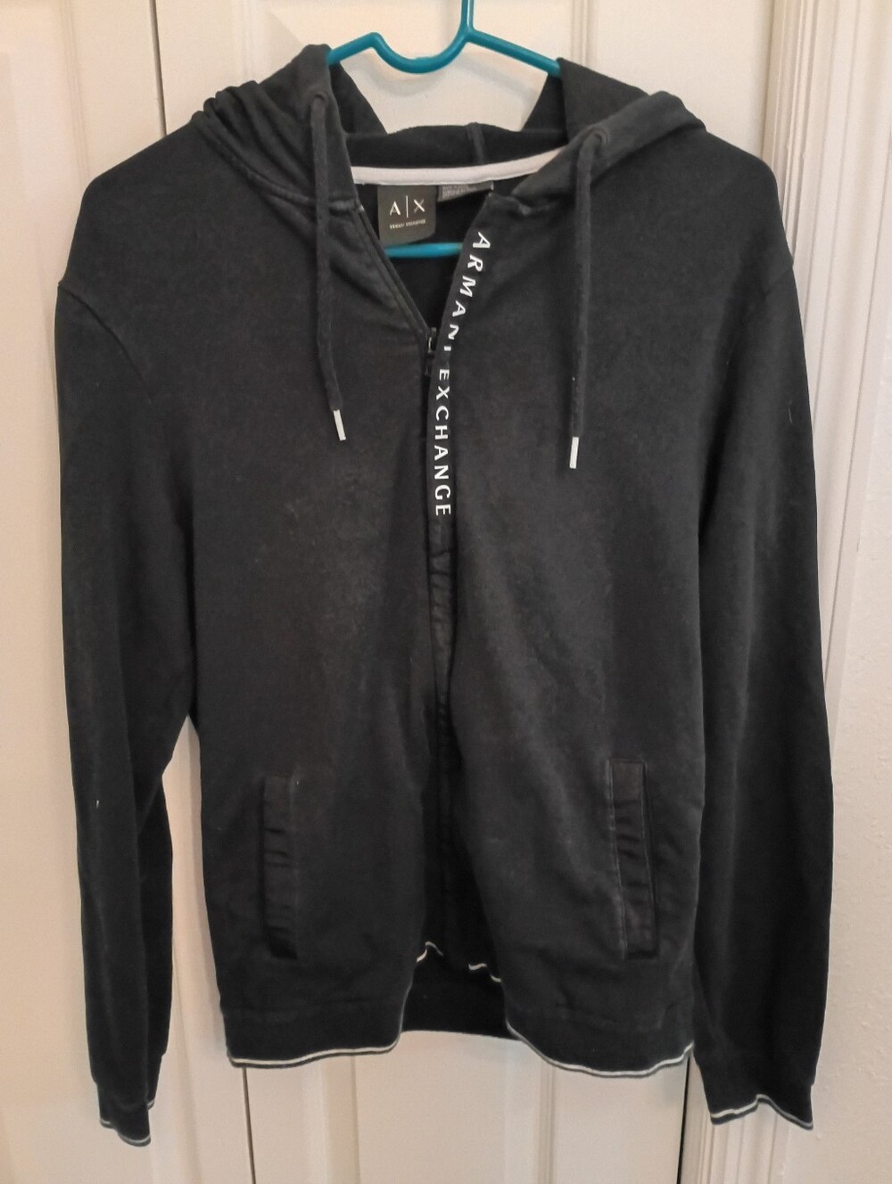 Armani Exchange Men's  Black Zip-Up Hoodie with Logo Trim